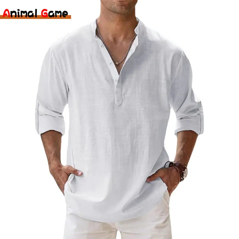 Camisas de Linho de Algodão Masculinas Casuais Leves de Manga longa